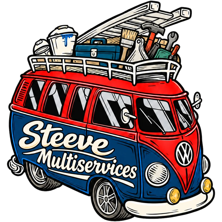Le Combi de Steeve, chargé d'outils, d'une échelle et de pots de peinture